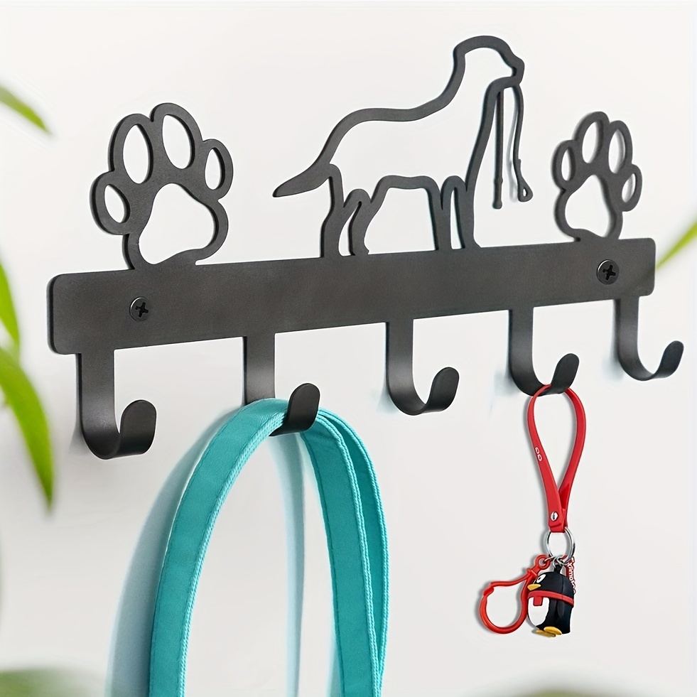 

Contemporary Metal Paw Print Dog Leash Holder With 5 Hooks - Wall Mounted Coat, Key, And Towel Rack Organizer For Home And Kitchen Storage