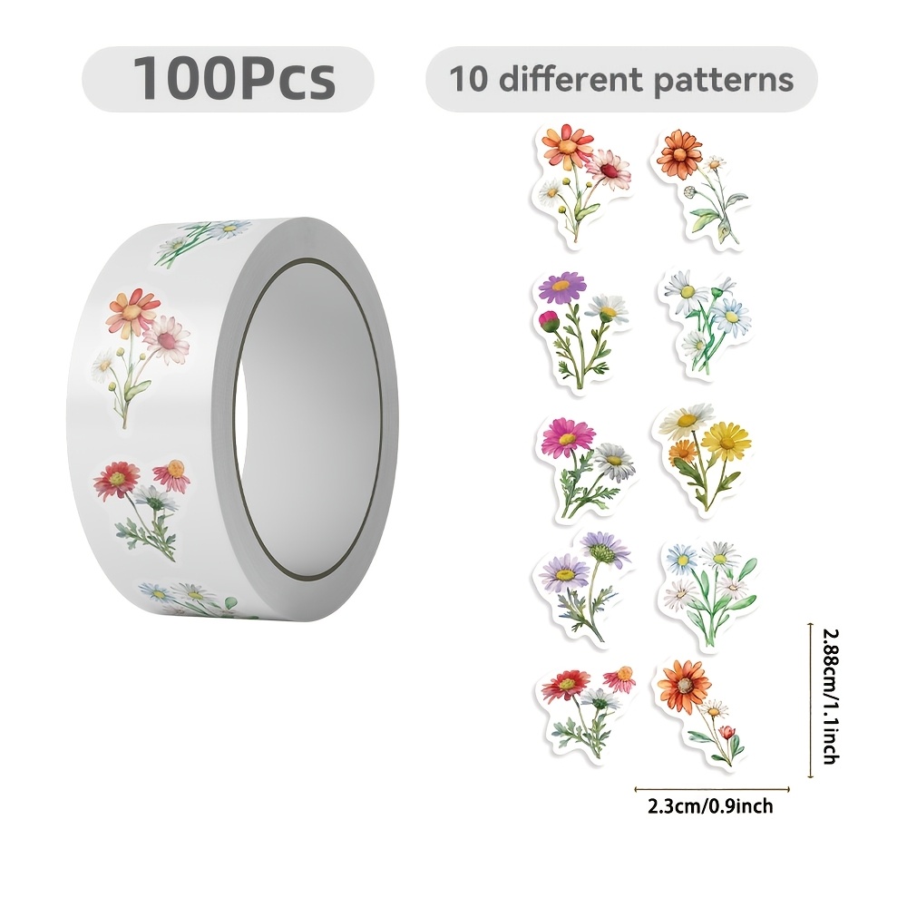 100pcs Daisy Decal Sticker Roll - High Quality Decals For Laptops, Water Bottles, Phones, Scooters, And More