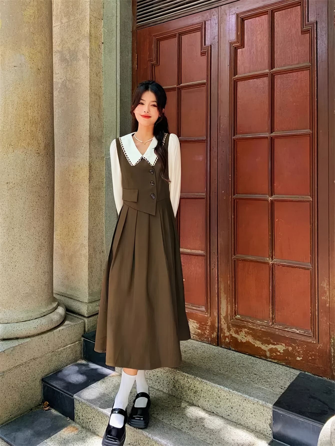 elegant lace trimmed casual shirt dress teens solid color - Temu Oman
