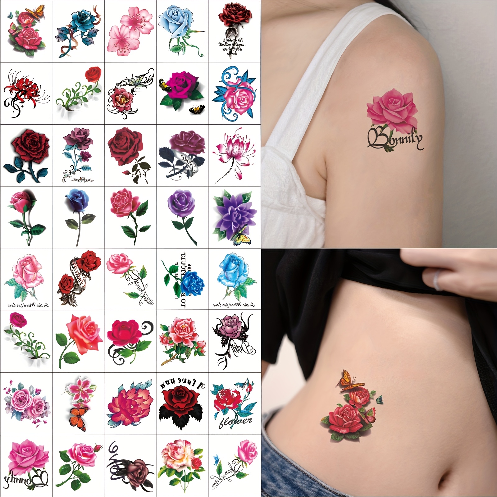 40pcs Red Rose Arm Temporary Tattoo Stickers, Sexy Chest And Thigh Designs, Waterproof, For Women