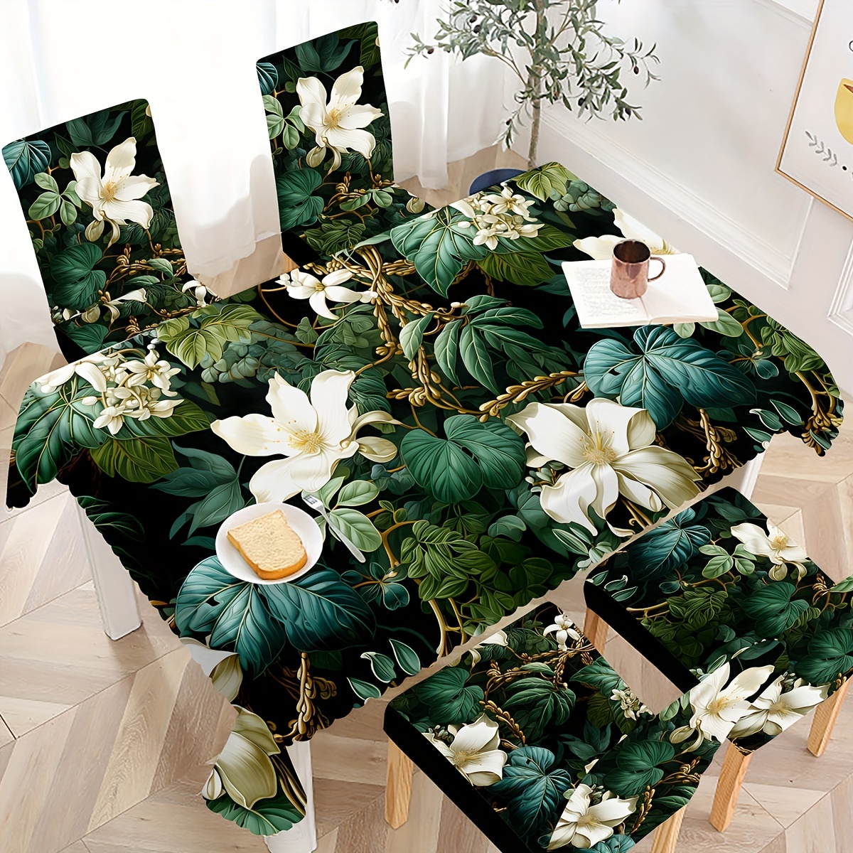 

（jit Product）4pc Printed Floral Chair Covers And 1pc Tablecloth Set - Easy To Care, Toward Dining, Party Decoration And Gifts