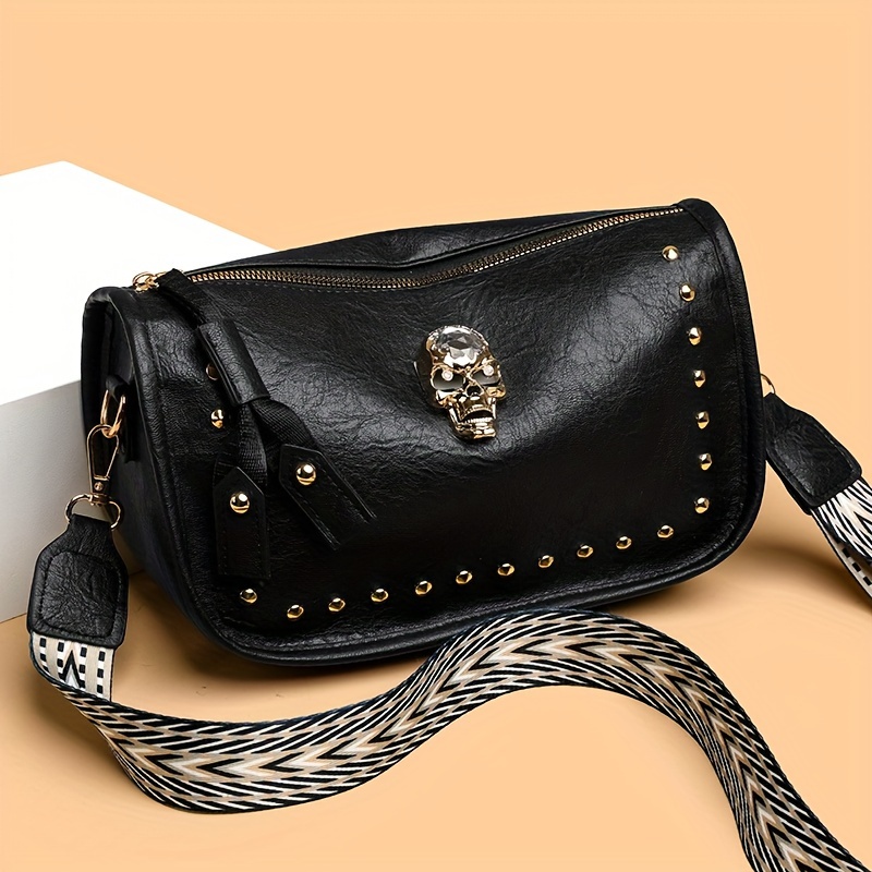 Gothic Punk Rock Leather Shoulder Bag | Silver Studded Crossbody Handbag