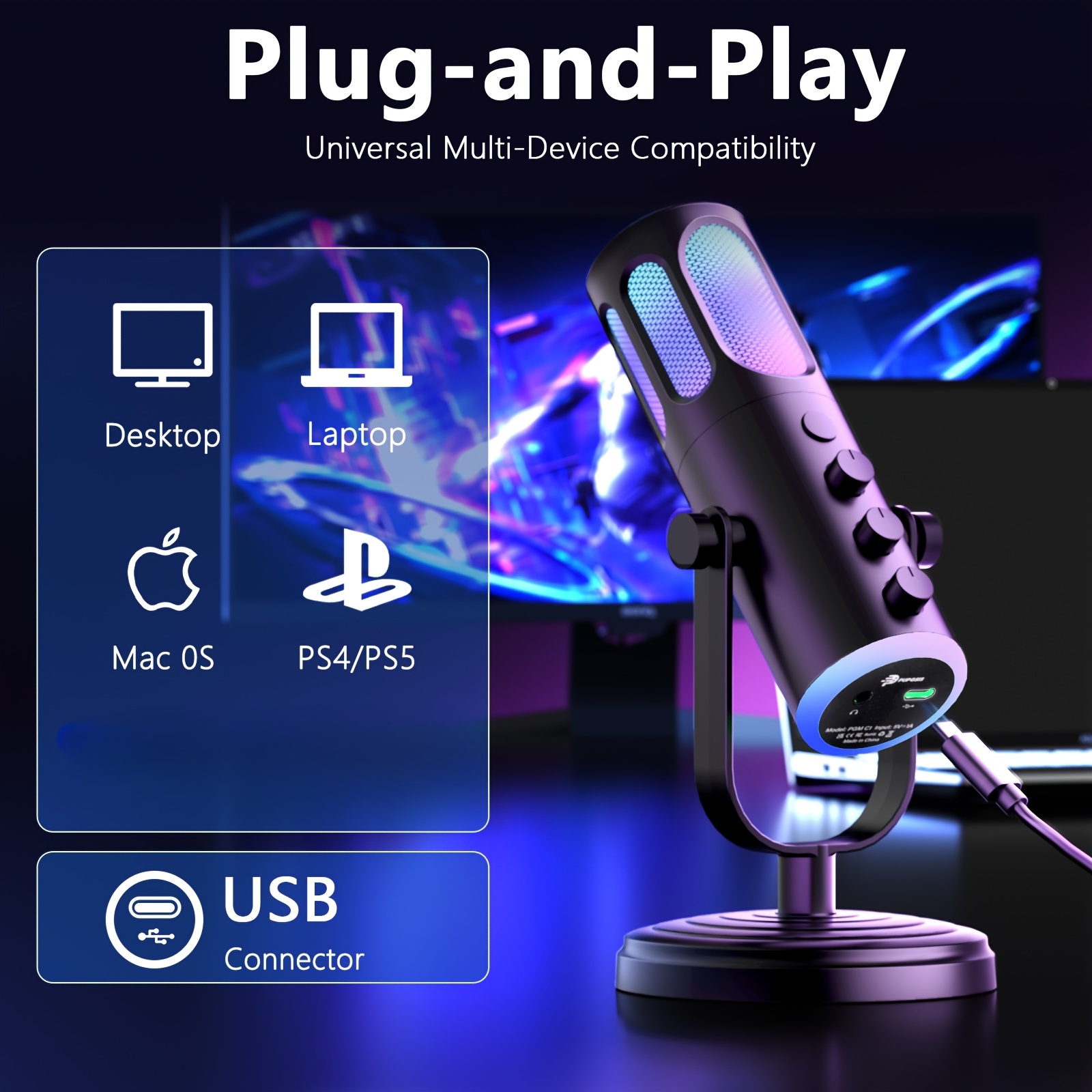 TEMU Pupgsls Microphone Gaming pour PC avec Réduction de Bruit, Micro à Condensateur avec Lumières RGB, Mute, Monitoring, Filtre Anti-Pop, Micro de