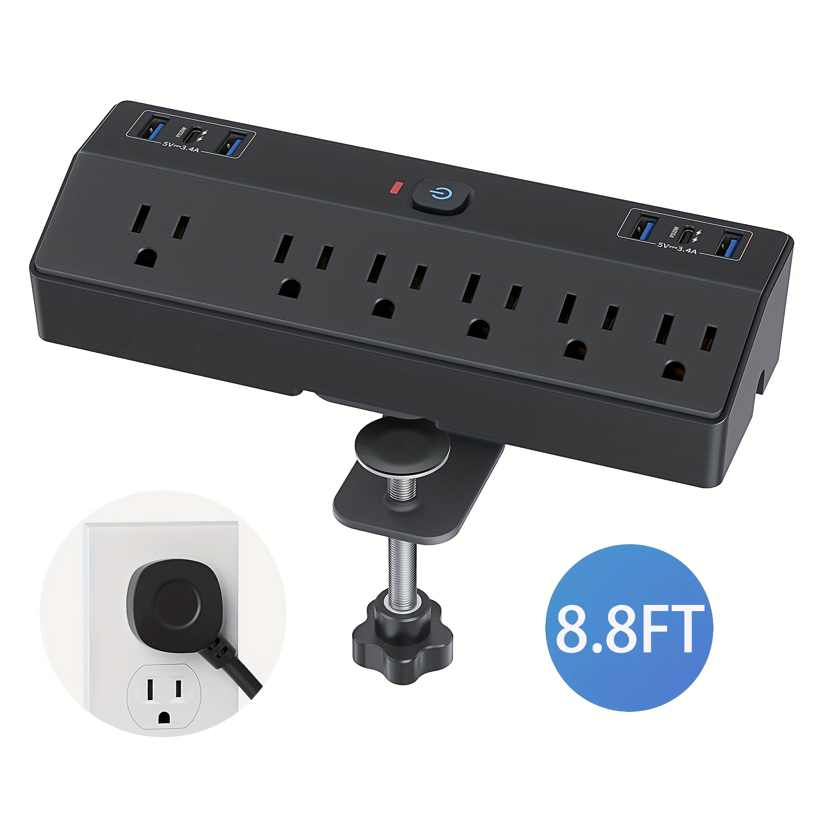 TEMU Station de charge rapide 40W, multiprise à pince de bureau avec 2 ports USB-C PD, 6 prises CA et cordon de 8,8 pi, compatible avec bord de table