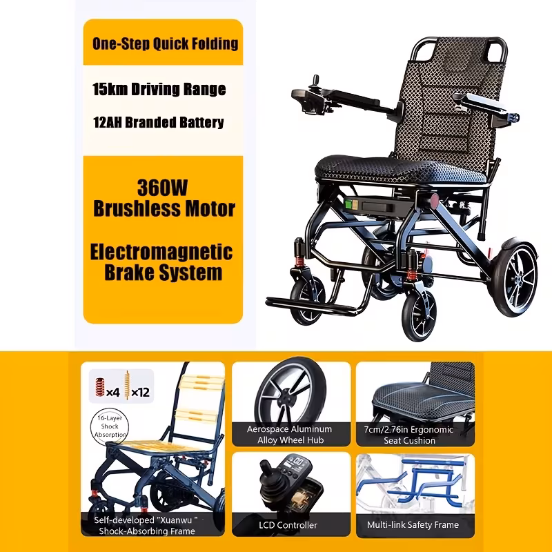 an airline electric wheelchair this luxurious lightweight model is foldable with a total weight of 13 8kg 30 4 lb the 12ah battery achieves a 15km range integrating intelligent anti tip and multiple shock absorption features Product details 3