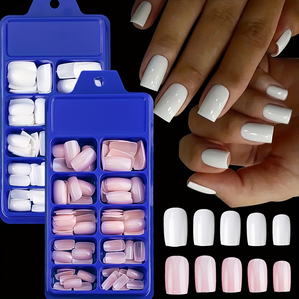 

100pcs & White Press-on Nails Set - Short To Medium Square, Full Coverage Fake Nail Tips In 10 Sizes For Diy Nail Art