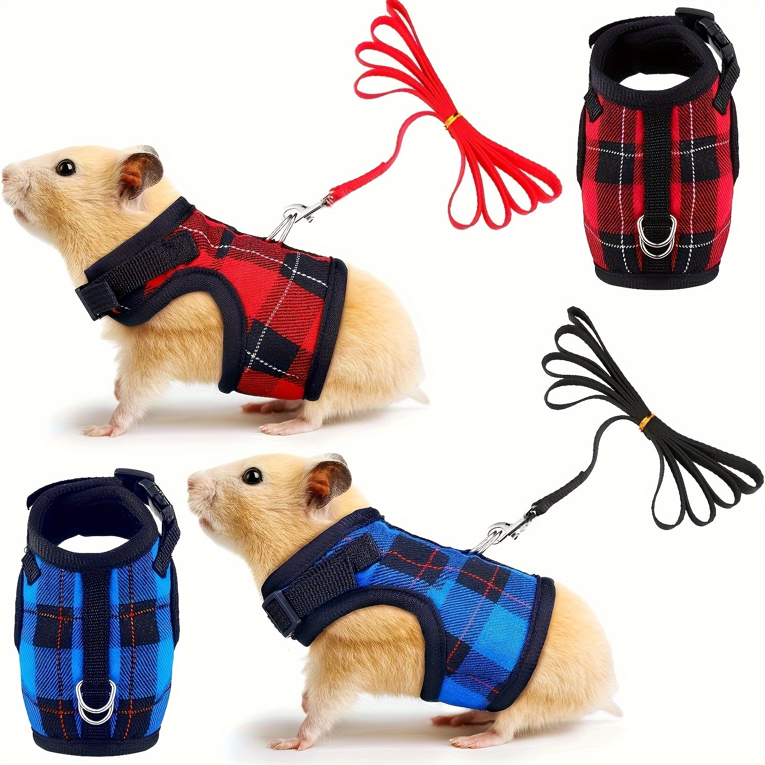 

Plaid Hamster Harness And Leash Set With Safe Bell, Adjustable Ferret Walking Vest, Breathable Pet Harness For Small Animals, Blue & Red Checkered