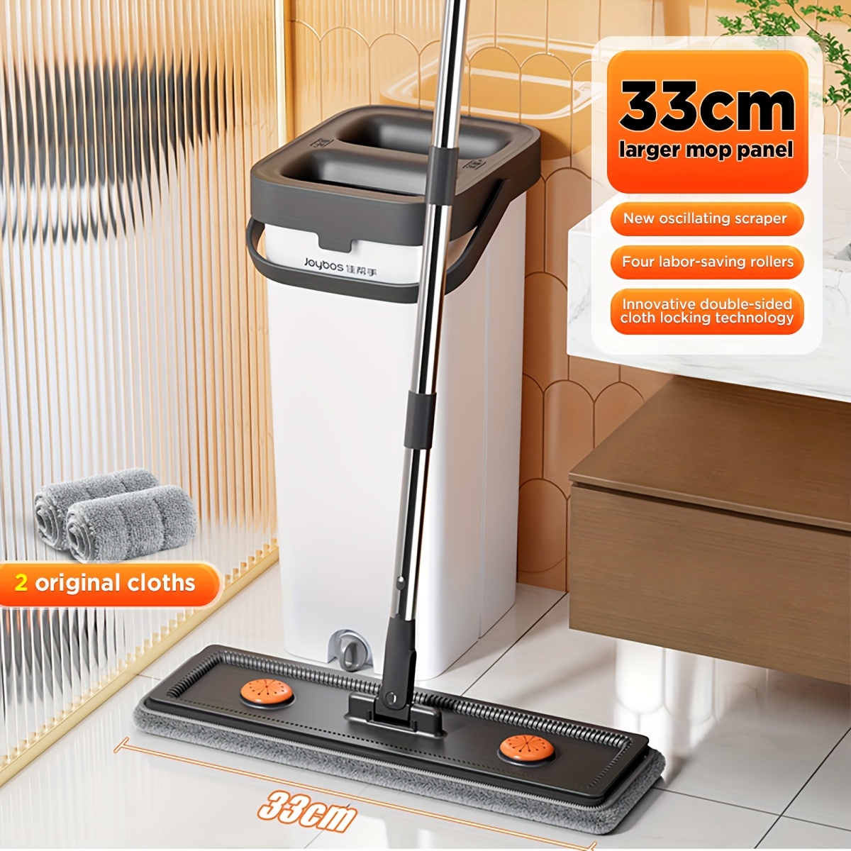 TEMU Joybos Flat Mop And With & 4 Suction Cups - Wringing For Cleaning Of Hardwood, Tile, Laminate Floors - Includes 2 Scrapers & 4 Rollers - Kitchen, Bathroom, Bedroom, Office