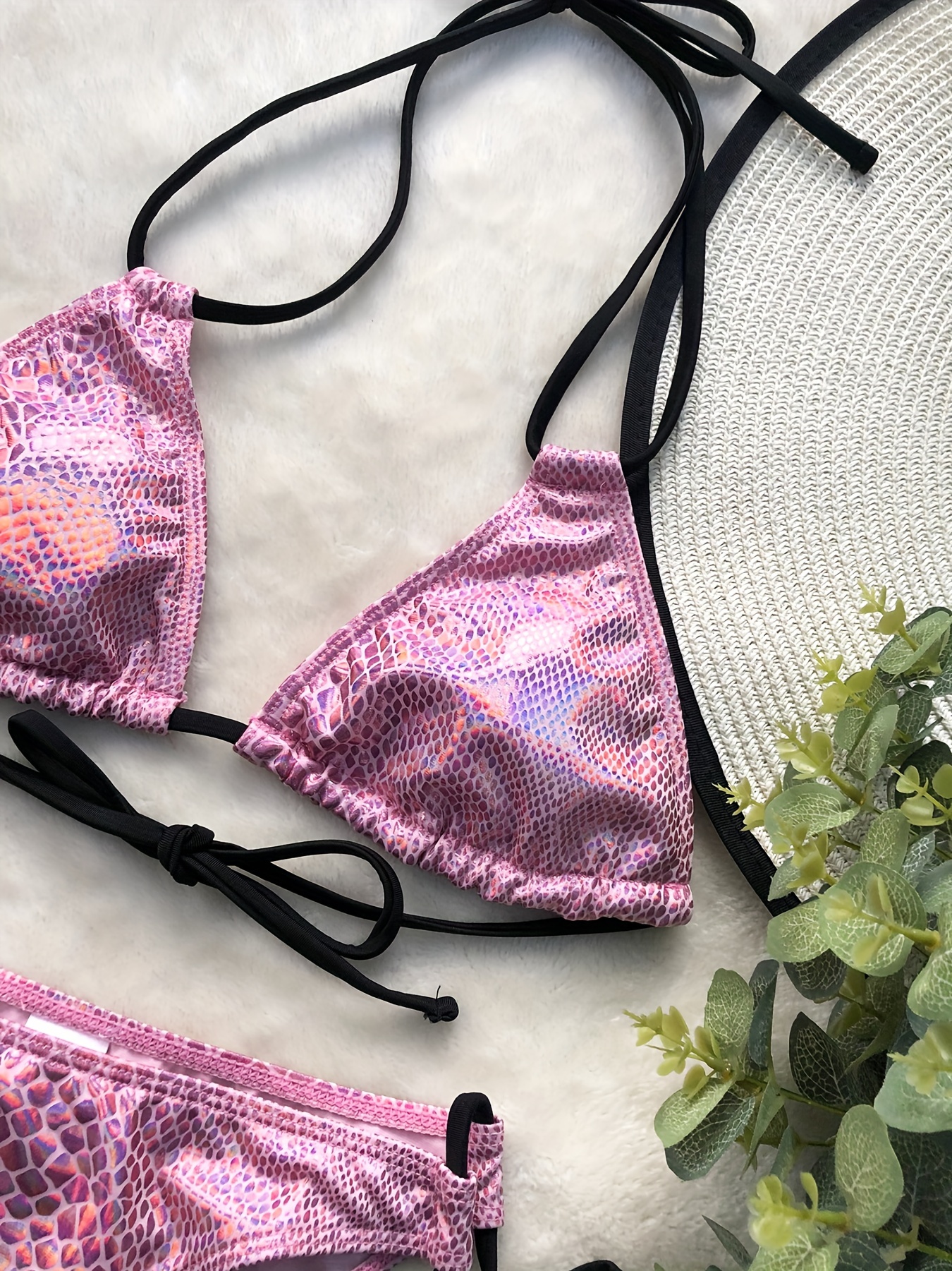 sexy snake print bikini swimsuit pink polyester knit black