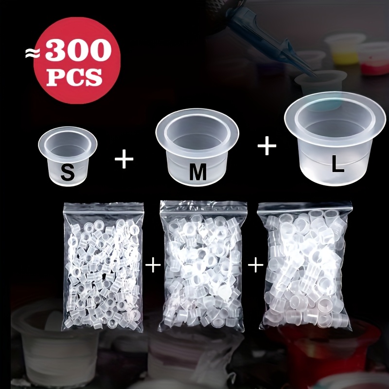 TEMU Jc Tattoo - 300pcs Disposable , Small, Medium, Large, 3 Models Set, Durable Plastic, Permanent Makeup Ink Holder, Tattoo And Embroidery Stand, Essential For