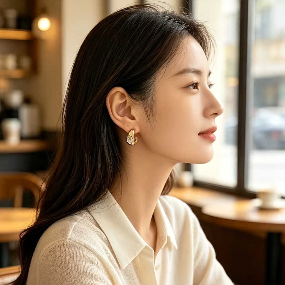Women's 18K Gold-Plated C-Shaped Ear Studs with Rhinestone Inlays