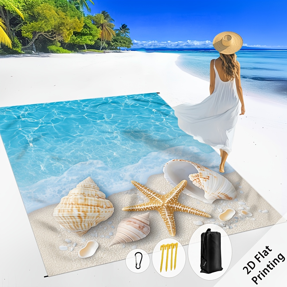 TEMU (2d Flat Printing) 1pc Beach Mat, Outdoor Picnic Blanket With Seashells Starfish Ocean Summer Design, Extra Large - And Beach Blanket - Durable,