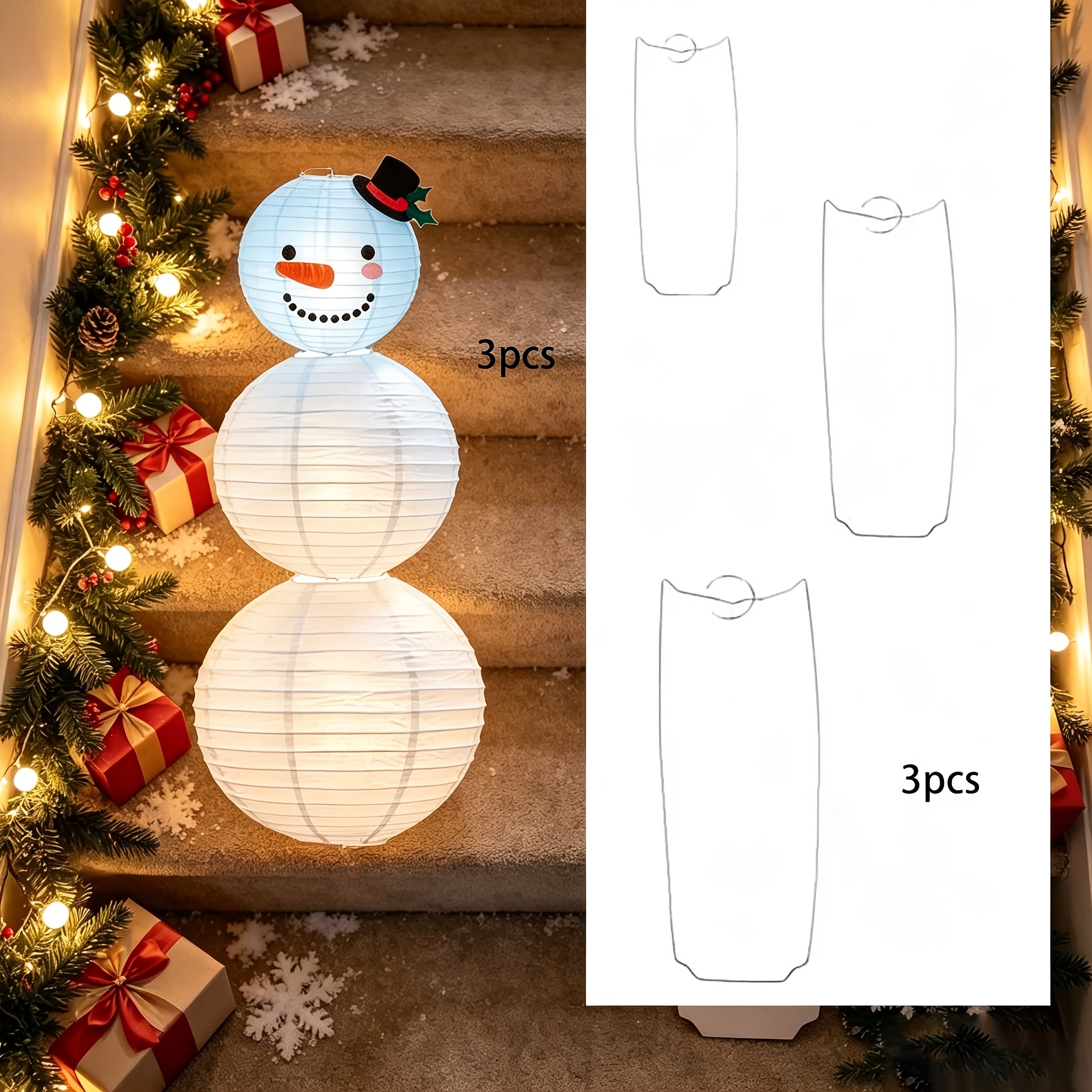 TEMU 6pcs Mixed Set, Large-sized Snowman And White Paper Lantern Set, Includes 3 Lanterns And 3 Hooks, Party Hanging Snowman Paper Lantern