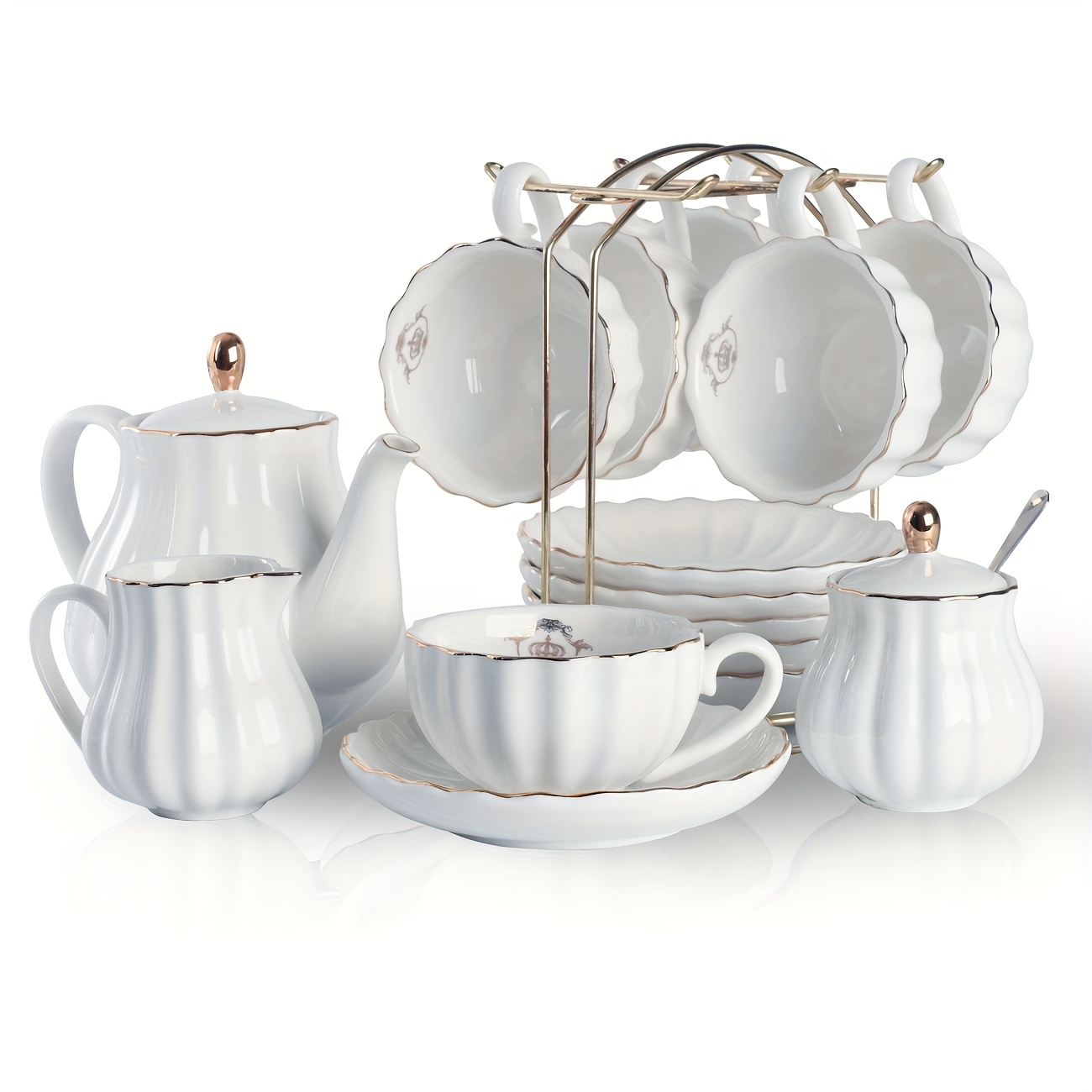 Image of Sweejar Porcelain Tea Sets Series, 8 Oz Cups And Saucer Service For 6, With Teapot Sugar Bowl Cream Pitcher Teaspoons And Tea Strainer, Suitable For High Tea, Wedding, Party