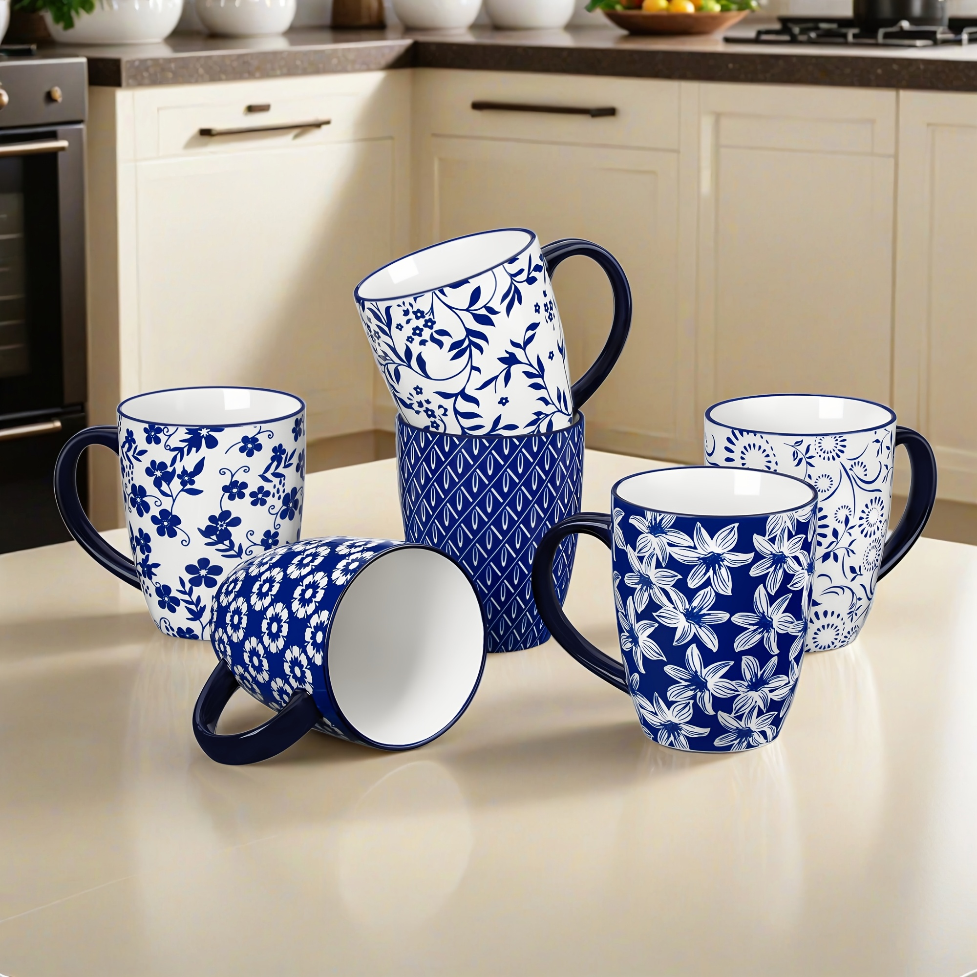 Image of 6pcs Large Vintage Blue & Porcelain Coffee Mug Set - Cups With Teacups & Comfortable Handle, Dishwasher Suitable For Cappuccino, Latte, Tea, - Elegant For, Housewarming Gift, Christmas, Birthdays
