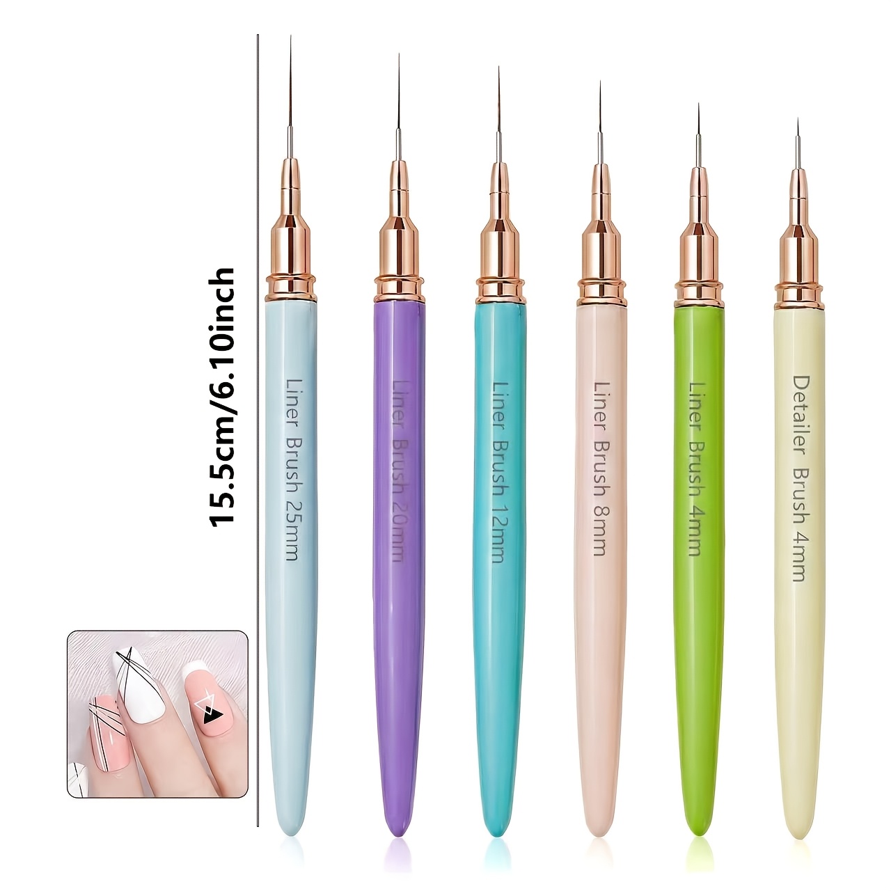Temu – TEMU 6pcs Nail Art Liner Brush Set Gel Nail Brushes Kits French Stripe Line Painting Drawing Flower Pen Professional Manicure Tool