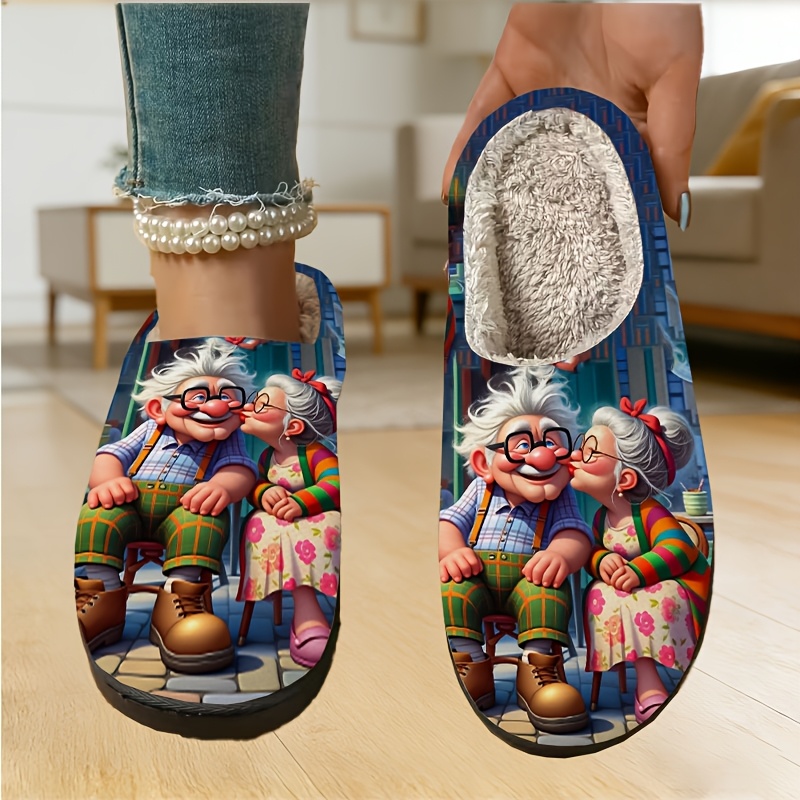 TEMU Men's & Women's Elderly Couple Slippers - Plush Indoor/outdoor Winter Shoes With Tpr Sole, Cozy Elderly Couple, Soft Fabric Upper & - Unisex