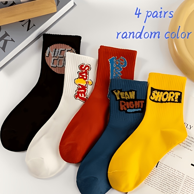 TEMU 4-pair Random Color Pack, Street Style Letter Print Mid-calf Socks For Men And Women, Couple's , High-elasticity Ankle Socks, Ins-style Trendy