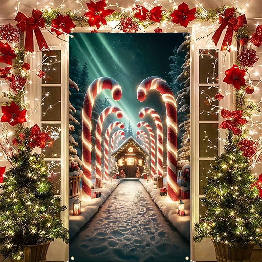 

Merry Christmas Door Banner - 35x70" Polyester, Candy & Street Light Design, Perfect For Winter Farmhouse Porch Decor And Home Wall Hanging