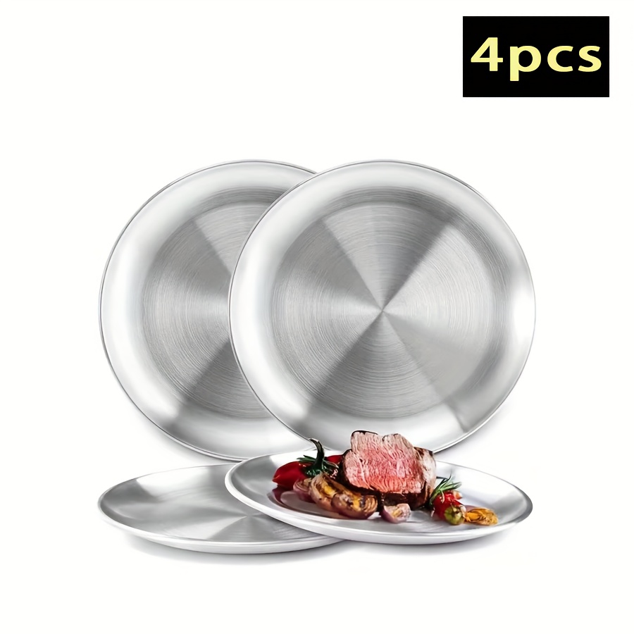 E-shop 1/2/4 Stück Hochwertige Edelstahl-Teller – Gewerblich & Outdoor-Einsatz, Runde Kanten, für Camping, Grillen, Buffet, Küche, Restaurant –