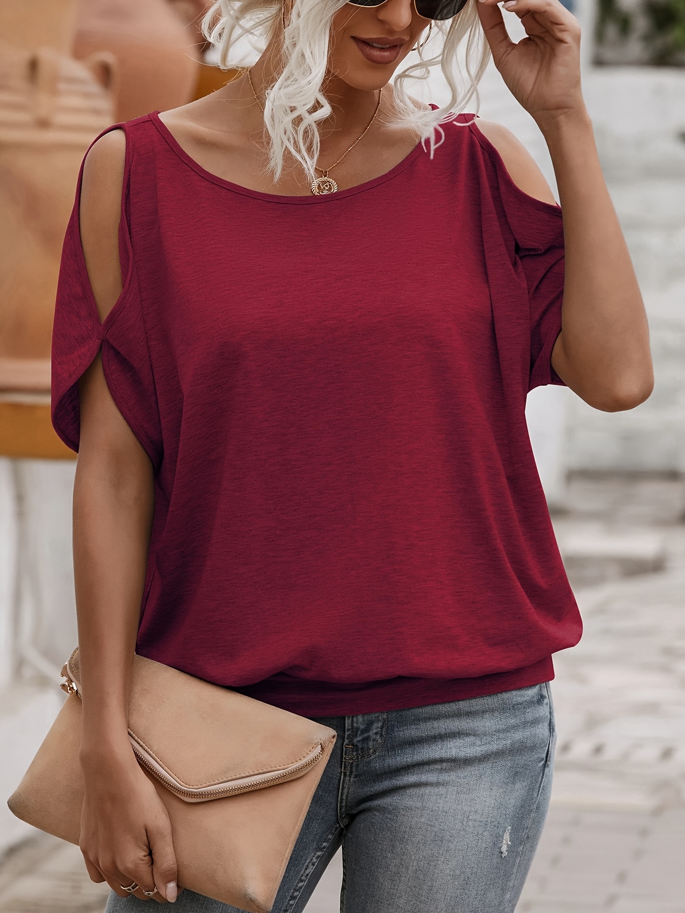 Women'S Light Blue Casual Crew Neck Short Sleeve T-Shirt with Tie-Back Detail - Soft Polyester Summer Top for Casual Attire, Ladies T Shirts