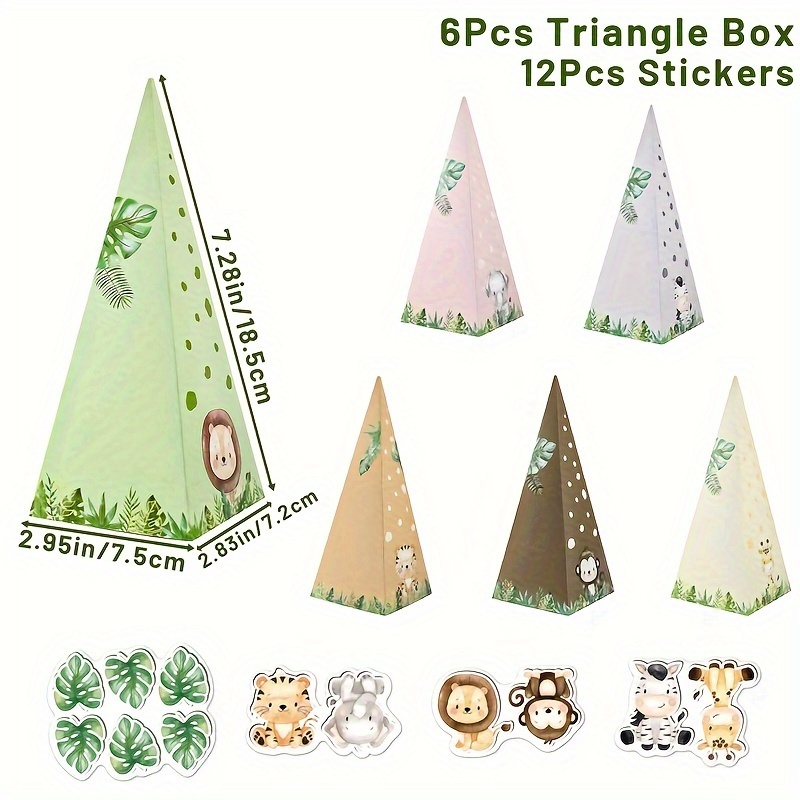 TEMU Set Of 6 Triangle Gift Boxes Featuring Jungle Animals With Stickers, Perfect For Decorations For A -themed Birthday Party, Ideal For Packing