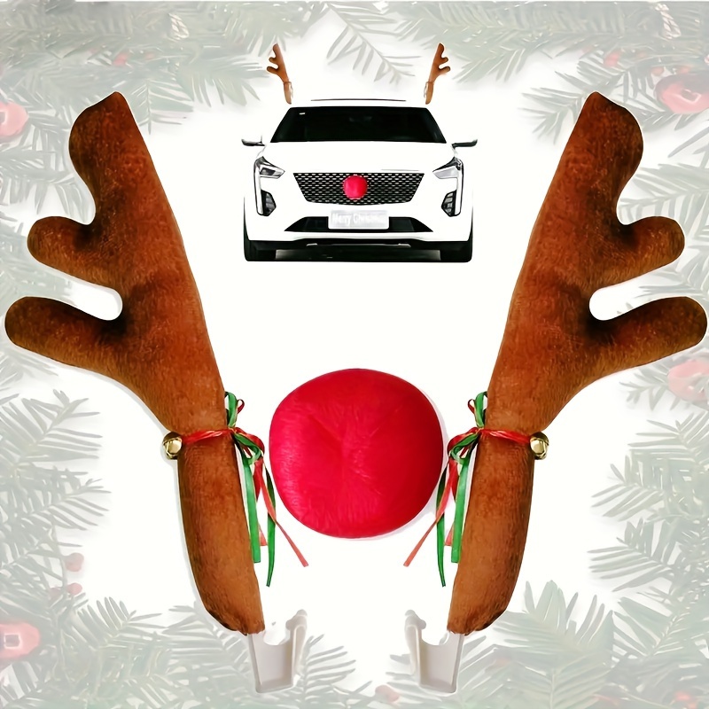 

Reindeer Antlers And Nose Set For Car - Polyester Christmas Decoration Kit For Windows, Roof, And Grille - Front Location Compatible With Vehicle Models - Auto Accessory Pack