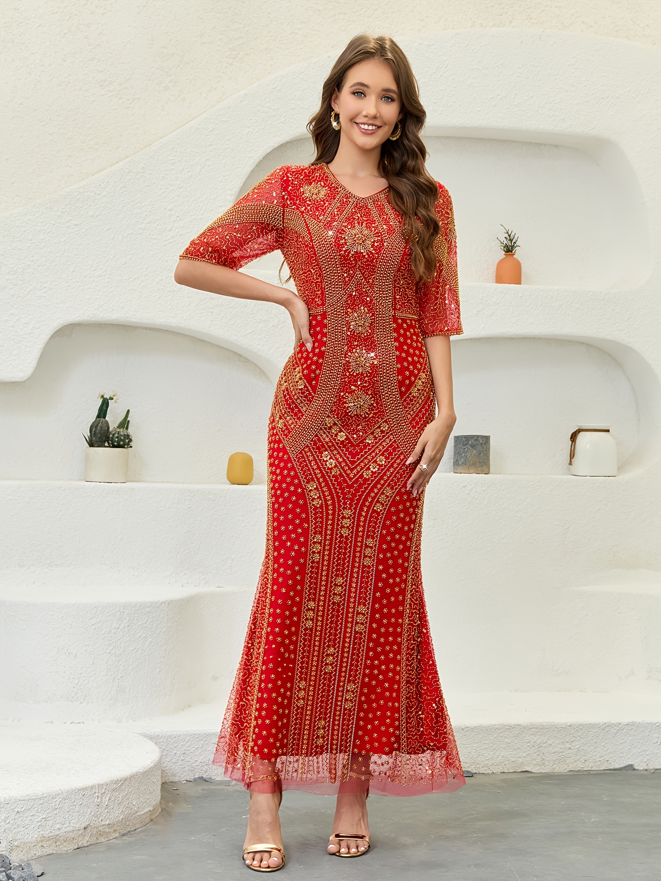   dress v neck beaded long gown   fit party wedding dress