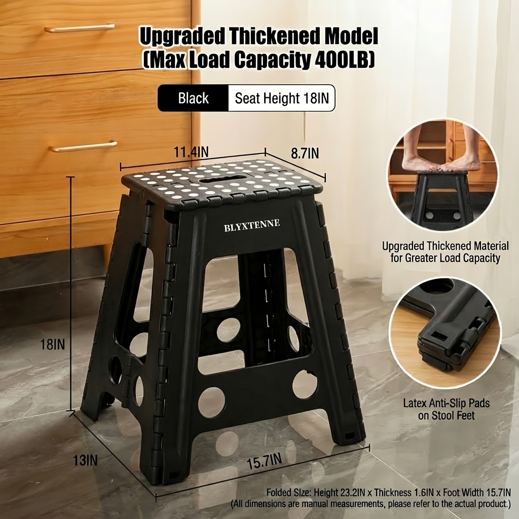 TEMU Blyxtenne 18" Folding Step Stool With Handle, Black And White Portable Collapsible Small Plastic Foot Stool For Adults - Use , Bathroom, And