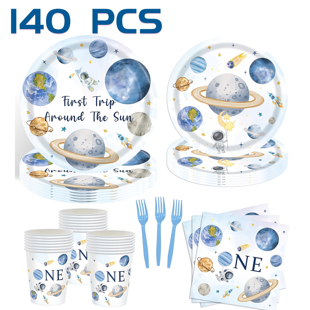 TEMU 140pcs Birthday Celebration Set For A First Birthday, Featuring Outer Space-themed Paper Plates, Napkins, Forks, And Decorations, Designed To