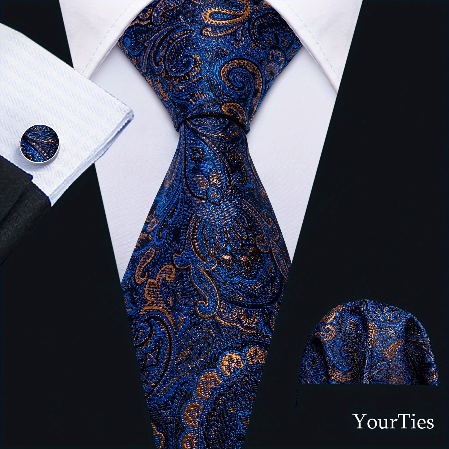 

Yourties Navy Blue Men Tie High Quality Designer Fashion Animal Pattern Handkerchief Cufflinks Sets Business Party Gifts