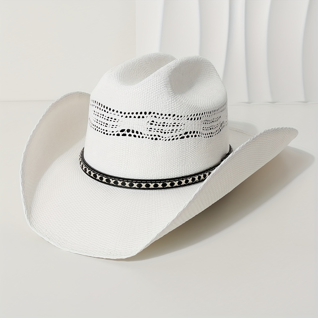 TEMU Style Fiber Cowboy Hat - Unisex Lightweight Woven Sun Hat With Belt Buckle, Pattern, Hand Crocheted, No , Sun