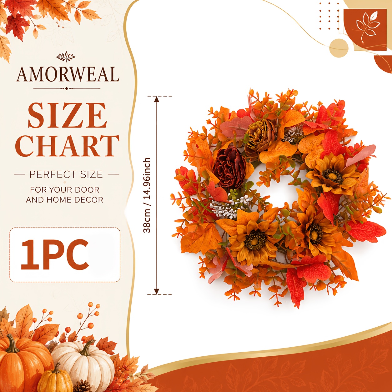 TEMU Amorweal 1pc Autumn Thanksgiving Warm Artificial Floral Door Hanging Wreath, Sunflower Berries Mixed Harvest Theme Decoration, Dense