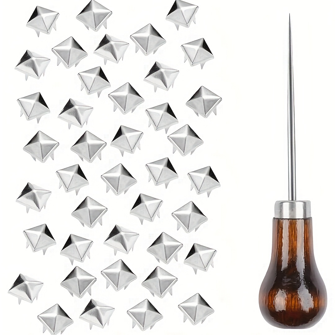 

1set【100pcs Willow Nail And An Awl】 10 Mm Square Pyramid Studs For Clothing Bag Leather Shoes Punk Rock Jewelry Craft, Prong Metal Nailhead Studs Spikes Accessories With Awl (silvery)