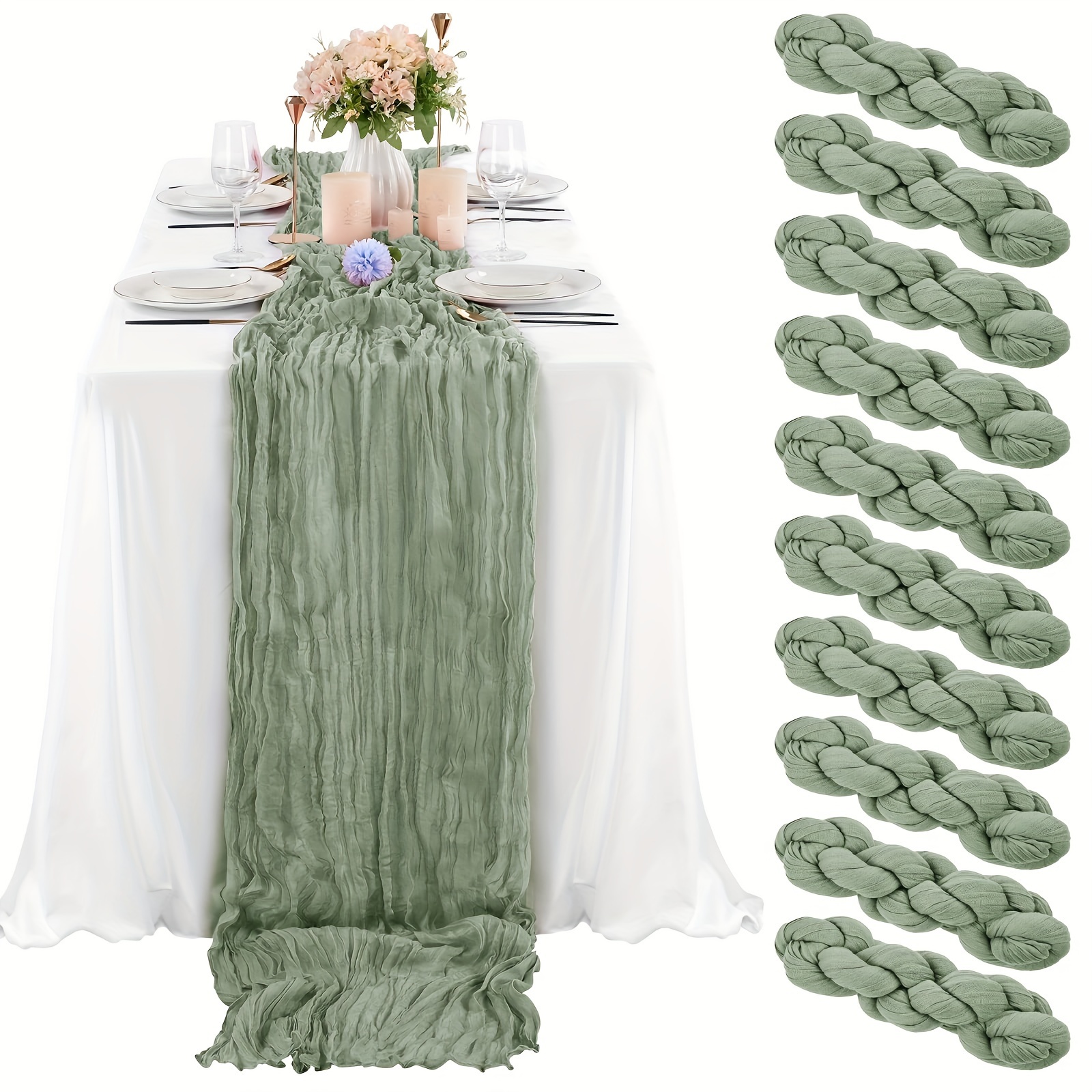 

10-pack Solid Sage Green Polyester Table Runners - Rectangular Cheese Cloth Sheer Gauze Wedding Reception Table Decor - Vintage Styled Wrinkle Transparent Table Overlay For Bridal Decorations