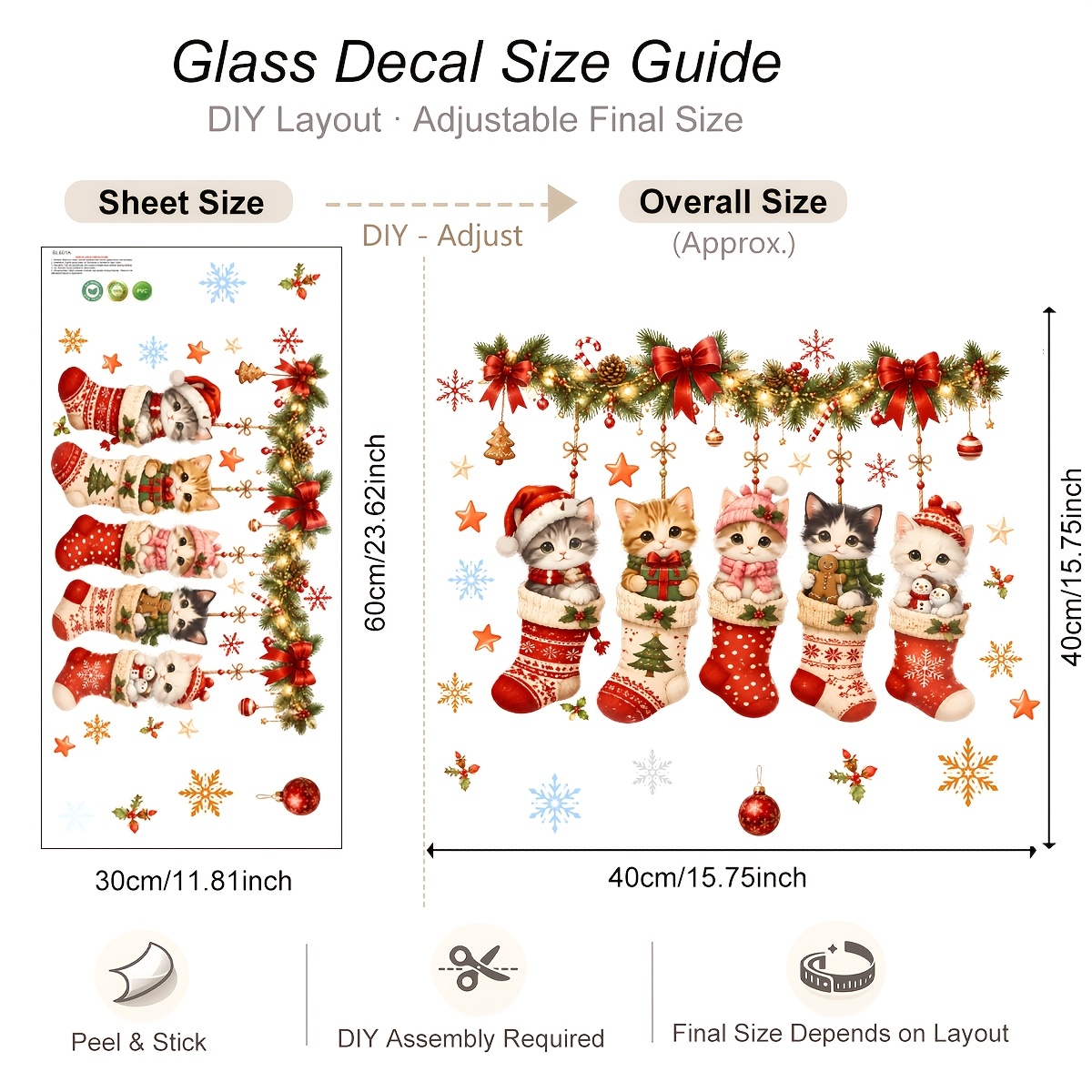 TEMU 1pc 30x60cm Christmas Stocking Kitten Window Wall Stickers Snowflake Bow Pine Branch Candy Cane Adhesive Vinyl Decals For Glass Window Home Deco