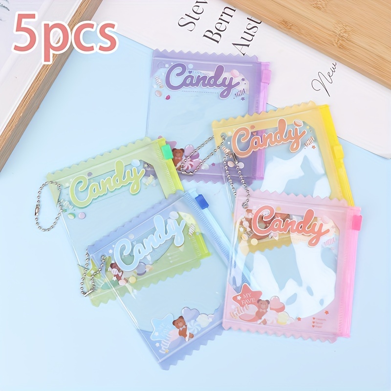 

5-pack Candy Theme Plastic Zipper Pouches With Keychain, Transparent Treat Bags For Storage And Organization