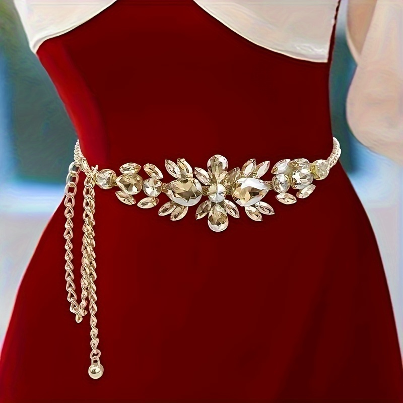 TEMU Elegant Adjustable Rhinestone Chain Belt For Women - Vintage Style, Parties & Evening Wear