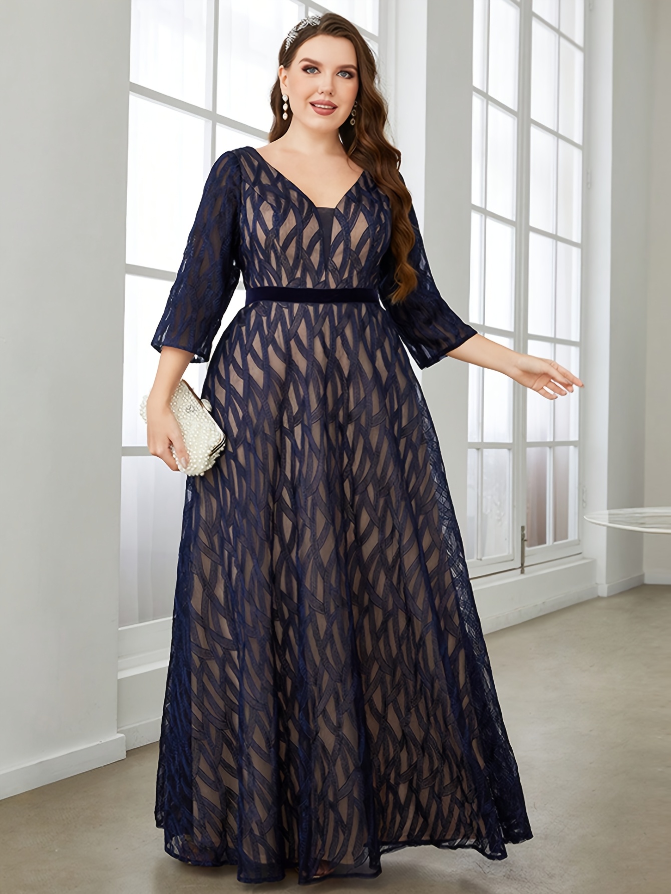 Plus Size - Plus Size - [Plus Size High-End] Navy Blue * Lace V-Neck Dress  Evening Banquet Wedding Annual Meeting Long Elegant Banquet Dress