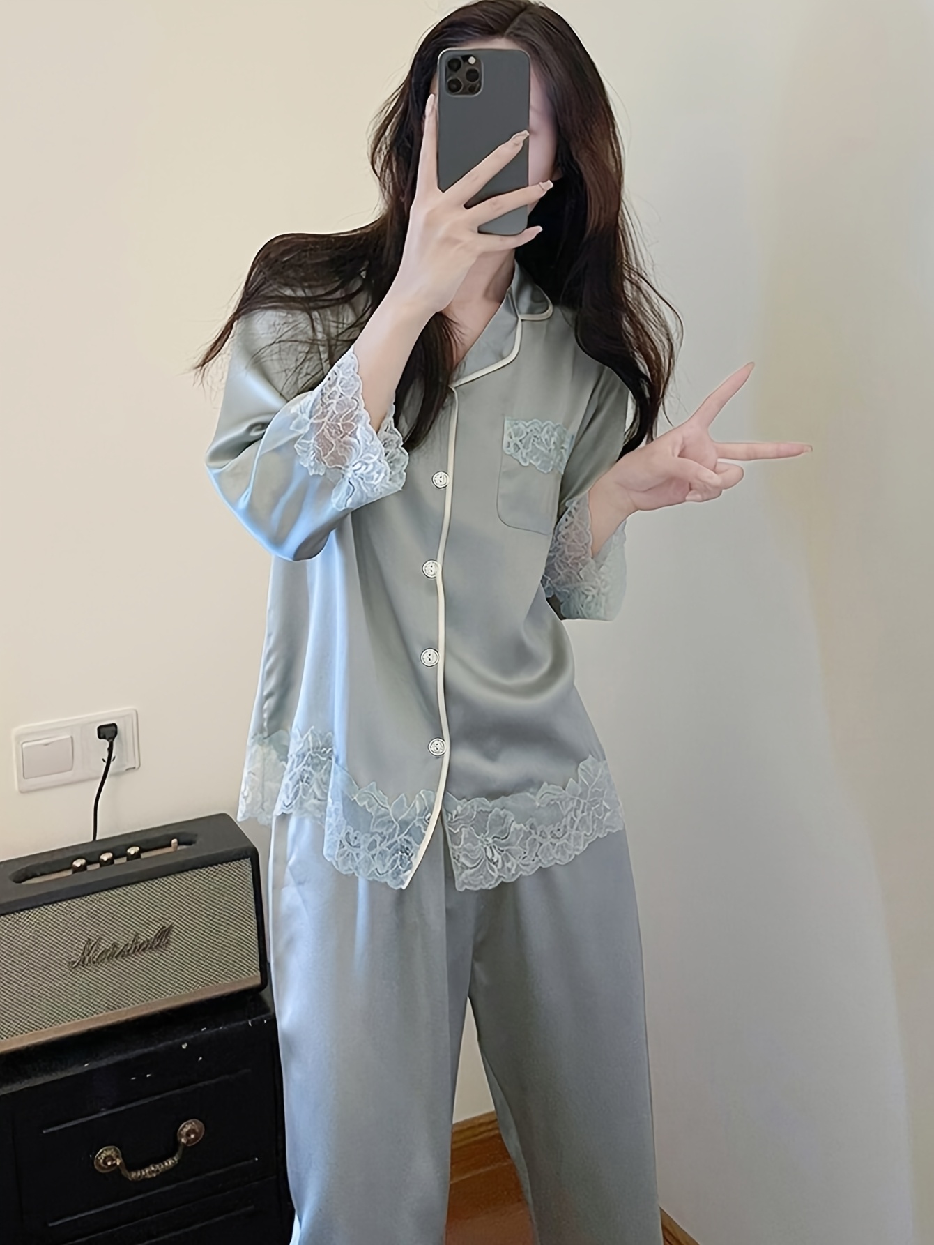 elegant light blue lace satin sleepwear set soft collared long sleeves and elastic waistband pants romantic and comfortable loungewear for spring and summer