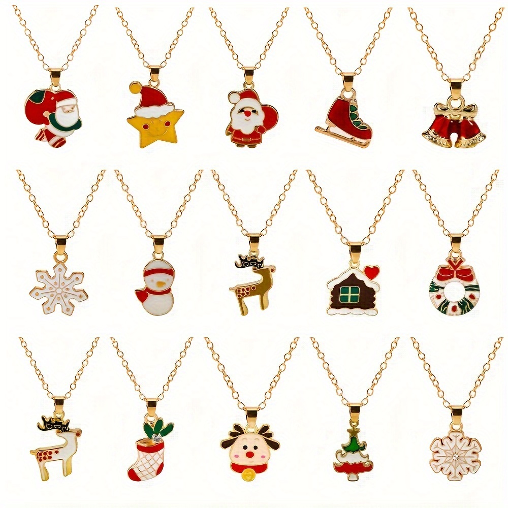 TEMU 15pcs Christmas Necklace Set Featuring Pendants Of A Christmas Wreath, Elk, Snowflake, Snowman, And Bell, Ideal For Holiday Gifting