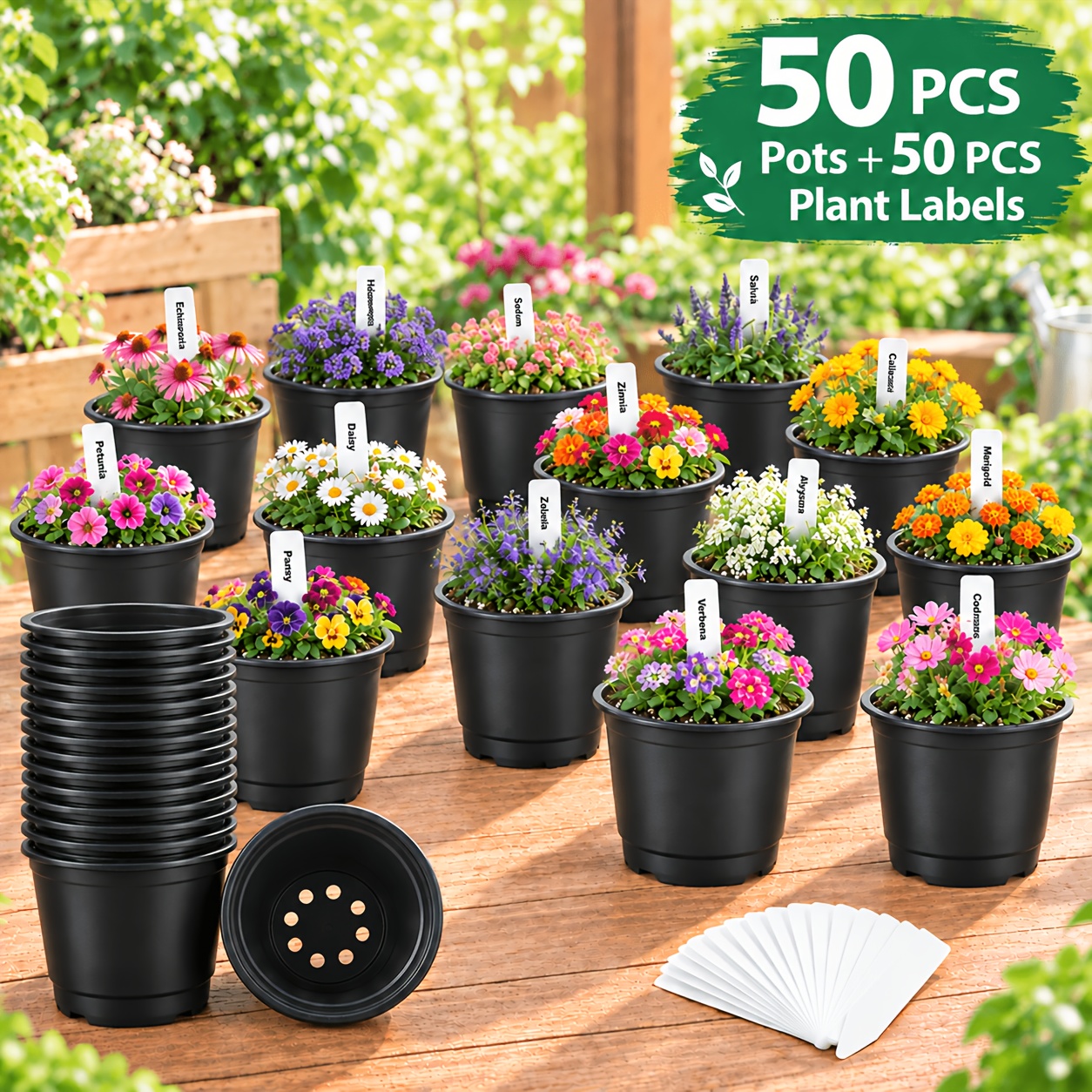 TEMU 50pcs Seed Trays And 50pcs Plant Labels Seed Tray Set - 4-inch Diameter Reusable Stackable Plastic Seed Pots With Drainage Holes, Complete Seed