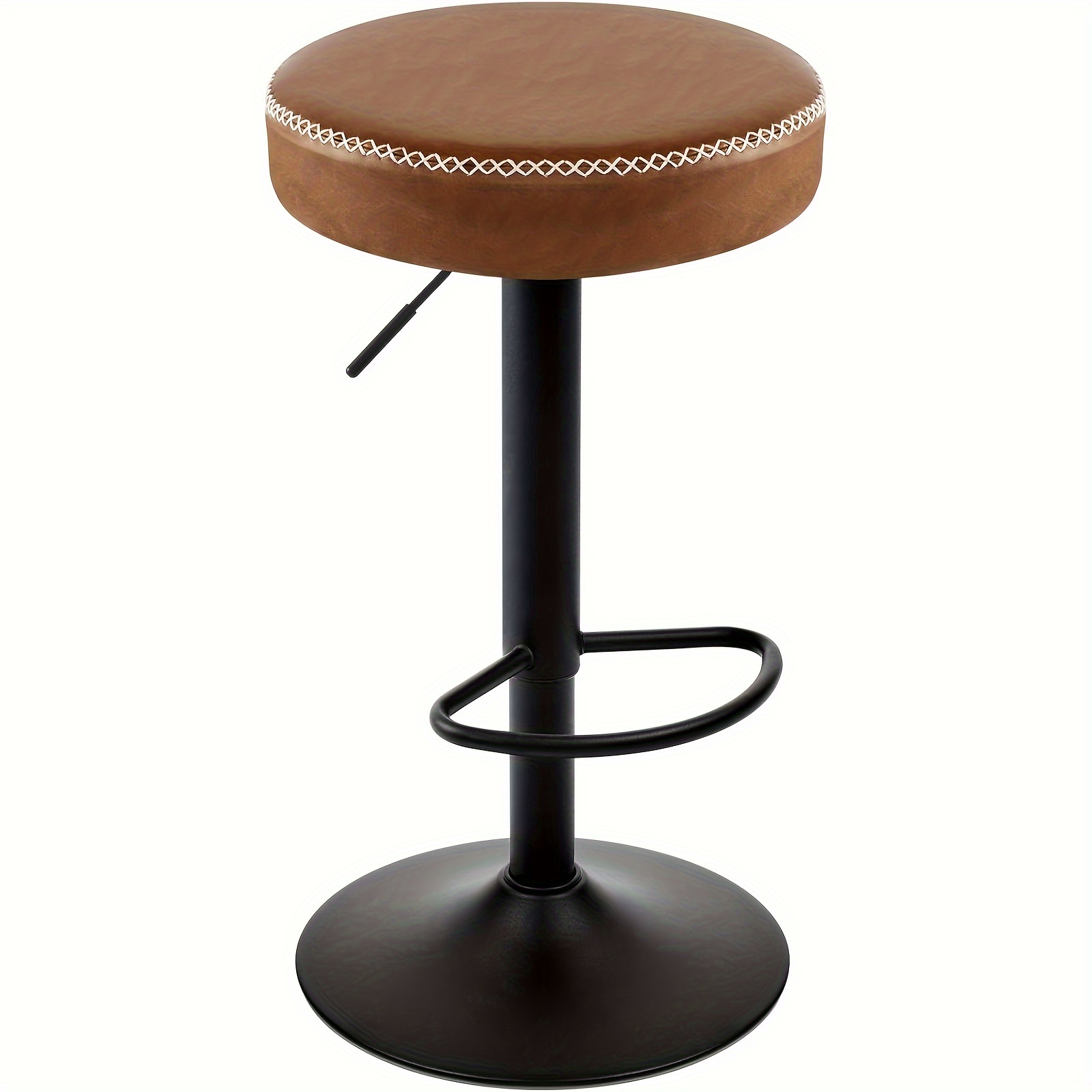 Image of 1pc Vintage Style Adjustable Height Swivel Bar Stool, Faux Leather Padded Round Counter Chair With Metal Frame And Footrest For Kitchen