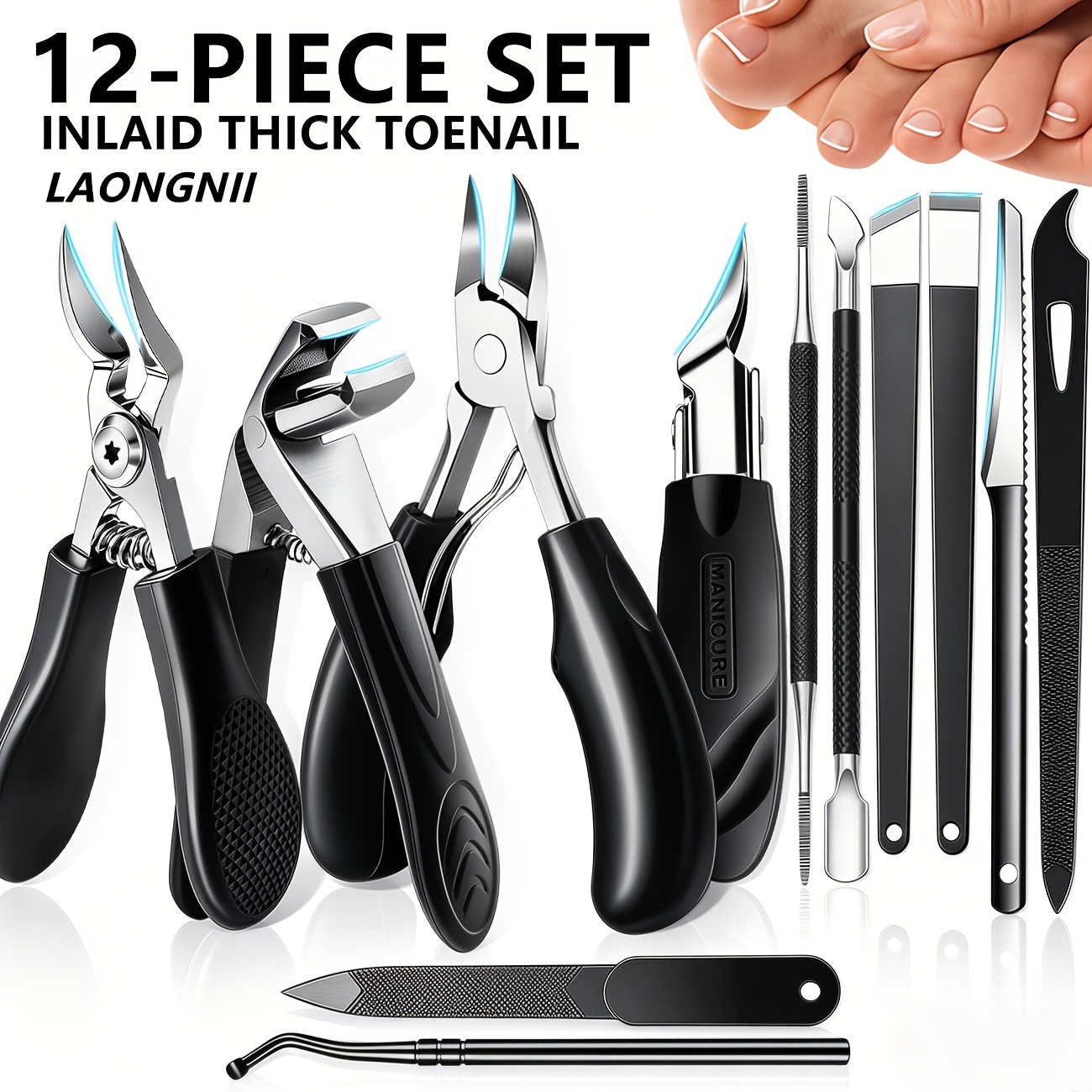 Image of Men's 12pcs Heavy-duty Toenail Clipper Set - Heavy-duty Nail Clippers With Nail Clippers, Manicure Tools, Foot Scraper, Cuticle Pusher - Handle, Suitable For Men, Women, And Seniors, Laongnii