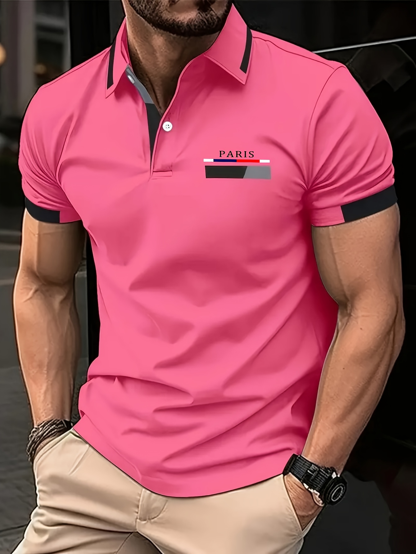RED SPY Men's Summer Fashion Shirt - Casual Short Sleeve, Button-Up with Parisian Icon Print, 100% Polyester, 180g/m?, Machine Washable, in Vibrant Pink with Black & Red Contrast Collar