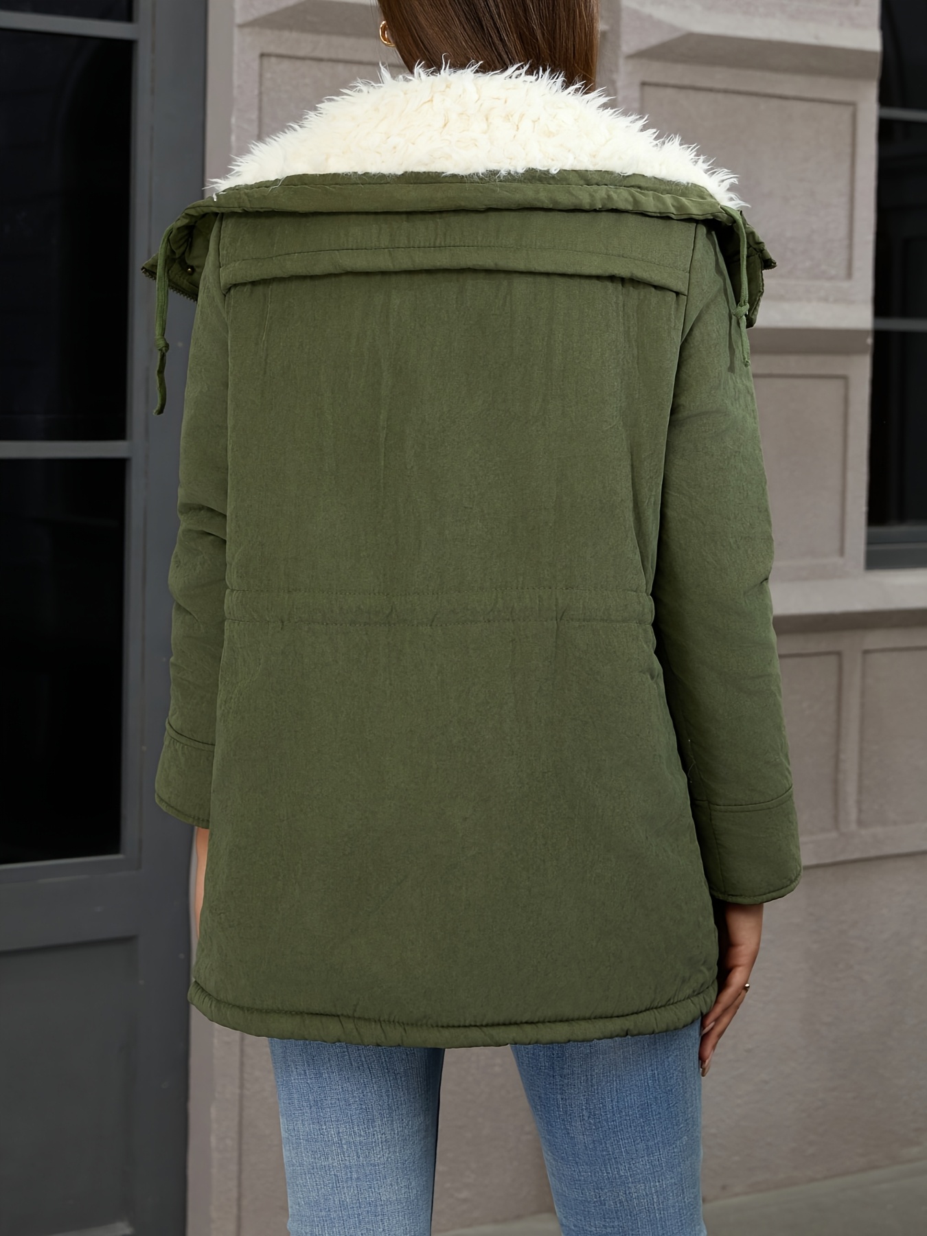 womens casual midi long sleeve parka coat with drawstring solid color polyester 100 woven jacket regular fit winter warm   with pockets army green 1