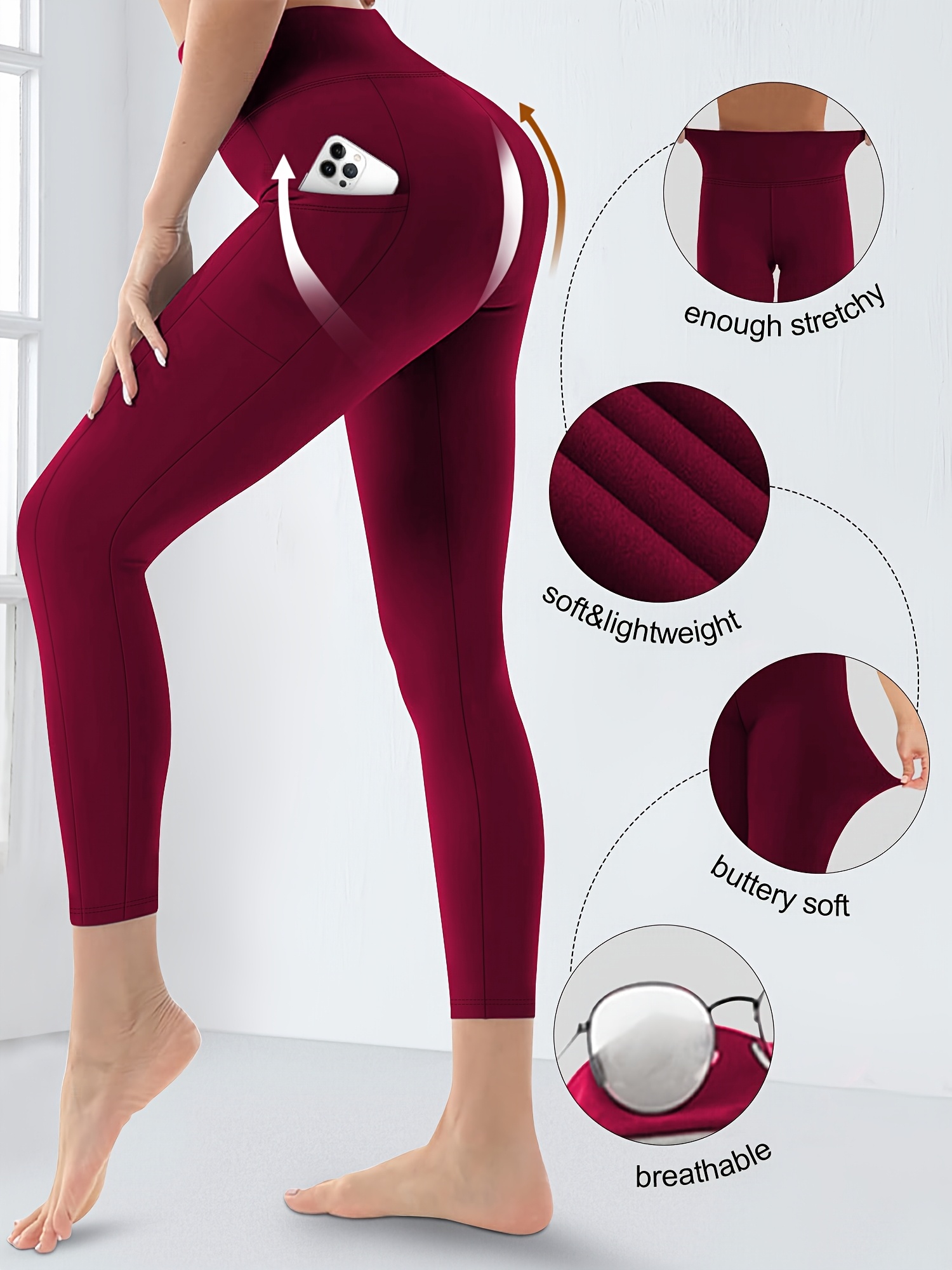 Plus Size - Women'S High-Waist 9/3 Length Leggings with Side Pockets - Stretchy, Solid Color, Casual Leggings for Daily Wear, Leggings | Highwaist Leggings | Comfortable Fit