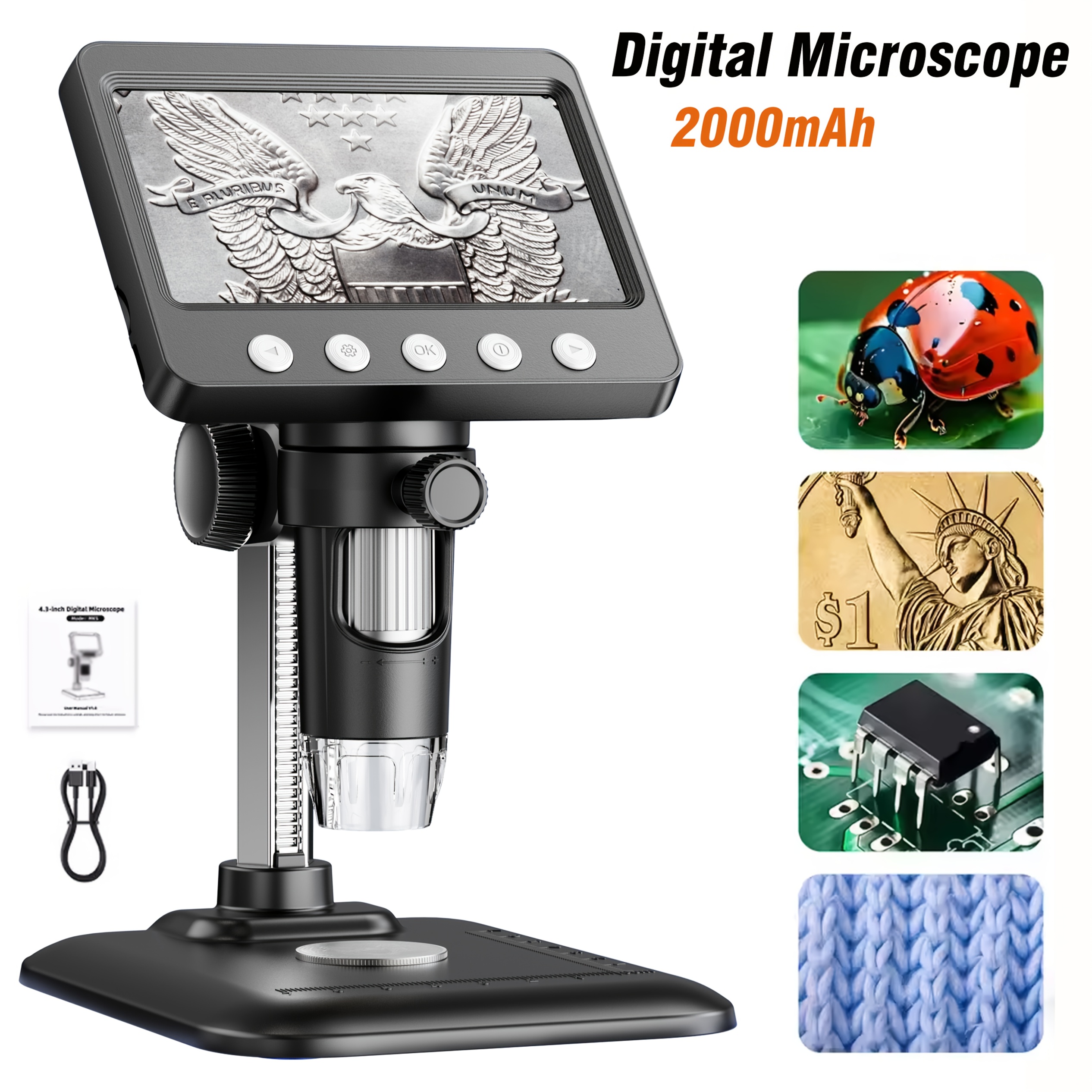 TEMU 4.3-inch Digital Microscope With 1600x Magnification, Electronic Soldering Microscope, 2mp Video Recording, 2000mah Usb Rechargeable, Adjustable