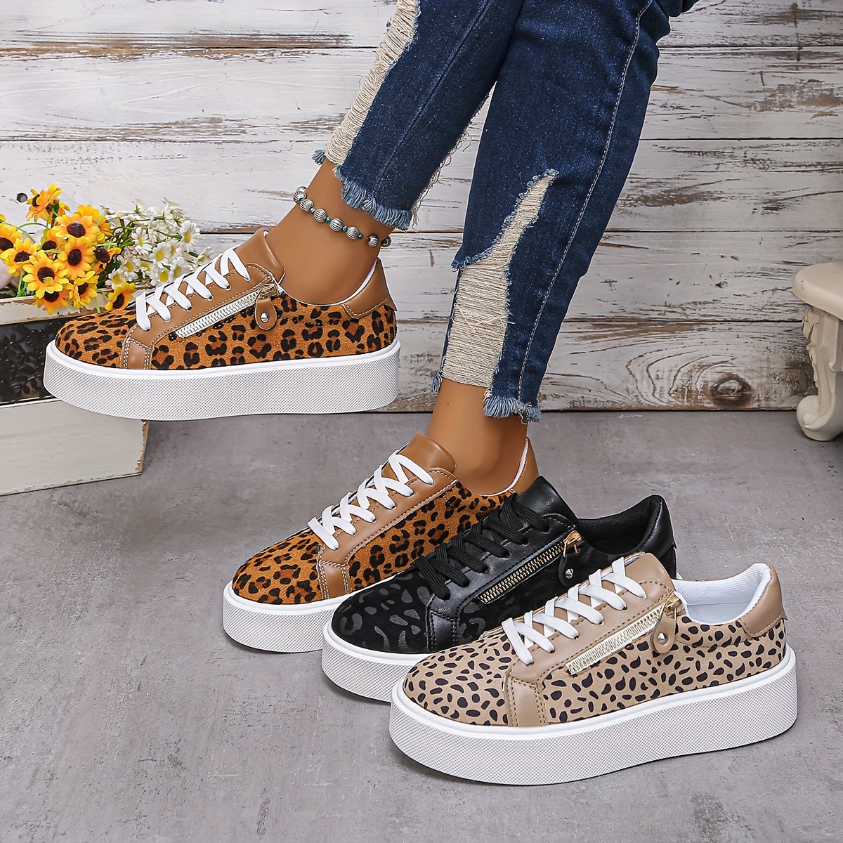 womens low top lace sneakers leopard print golden glitter Temu