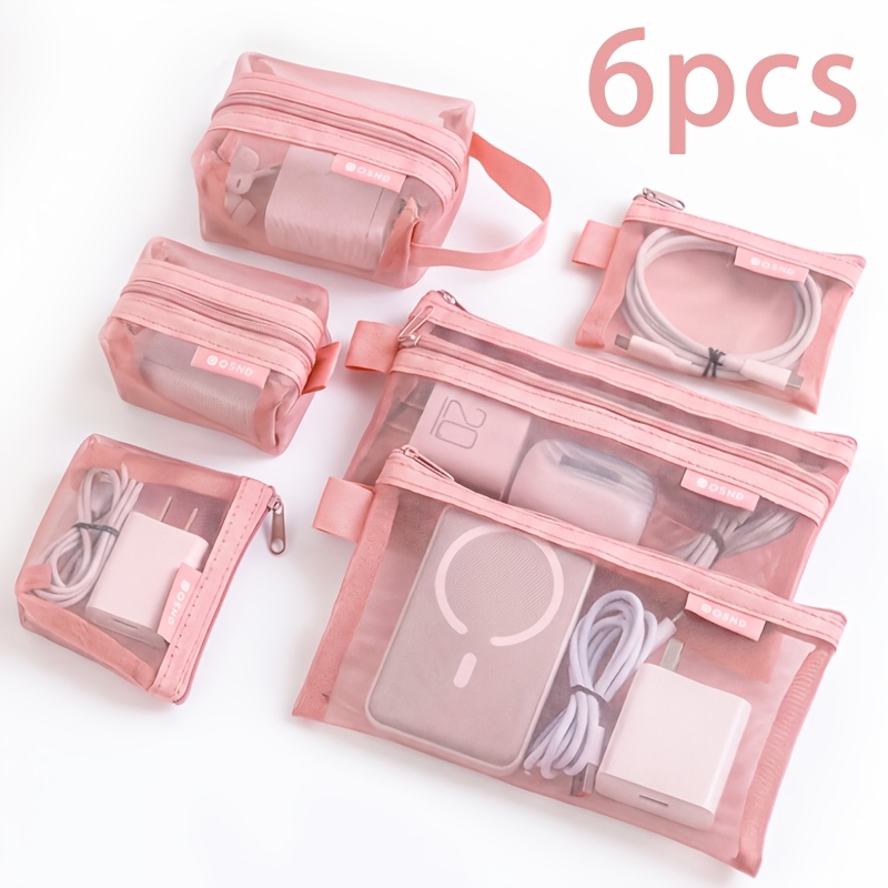 TEMU 6pcs Zippered Organizer Bag Travel Packing Bag, Transparent Mesh Bag For Cables, Headphones, Cosmetics, Portable Storage Bag, Suitable For Daily